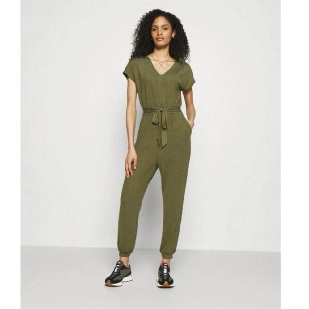 GAP Olive Green Soft Spun Knit Jumpsuit Tie Waist Jogger V Neck Lounge NWT M